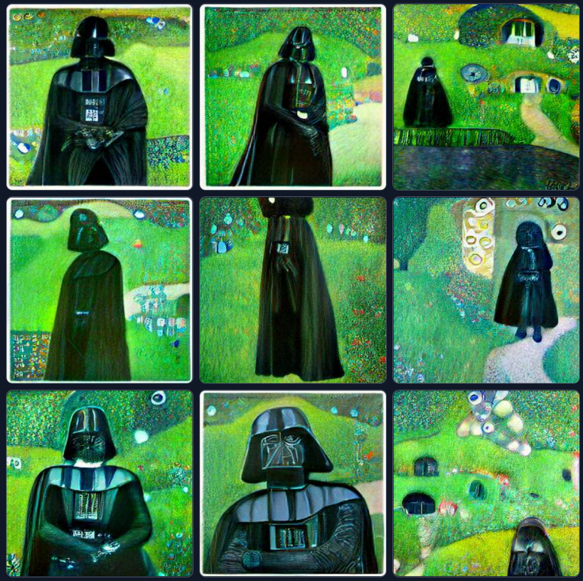 Darth Vader explora su nueva casa al estilo de Gustav Klimt. Imágenes creadas con Craiyon. 