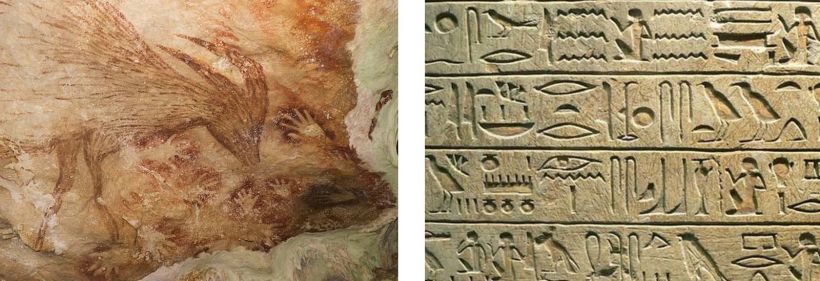 Izquierda: pintura rupestre en Sulawesi, derecha: jeroglíficos en Egipto.