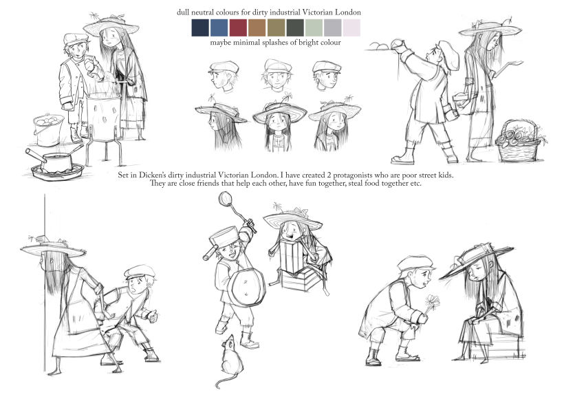 Tighter sketches of the two protagonists in different poses, with color scheme.