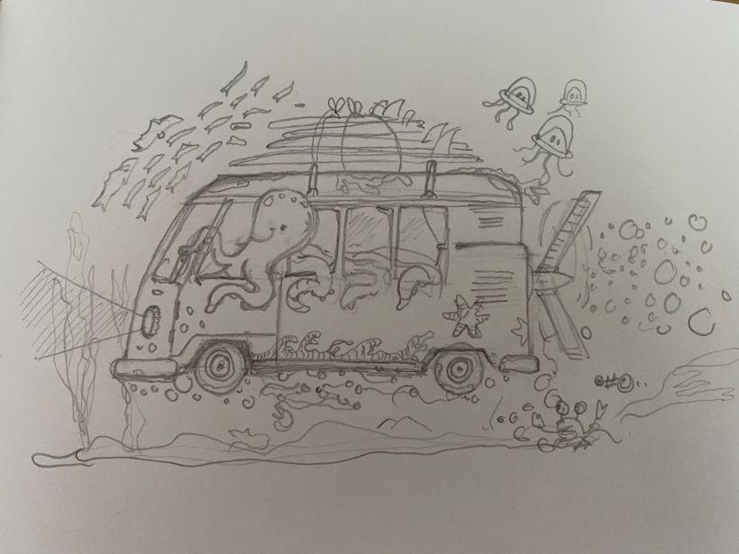 Decided on a squid / octo driving a van under water, I surf with my van a lot myself so that’s where the image came from.