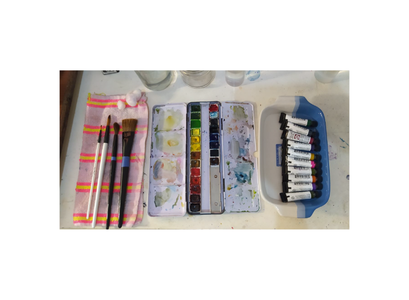 Materiales para el curso: Pañuelos, diferentes tipos de pincel, set de acuarelas Windsor y Daniel Smith.