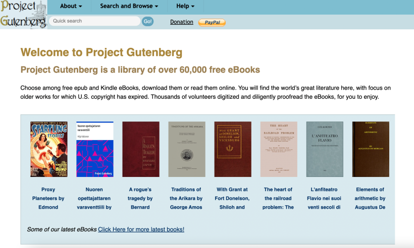 Die Startseite der Website des Projekts Gutenberg.
