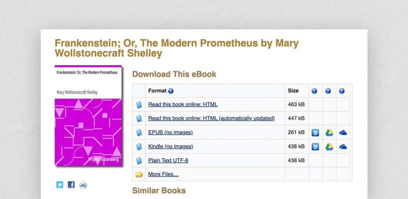 Die Verzeichnisseite für Mary Shelleys "Frankenstein", über gutenberg.org.