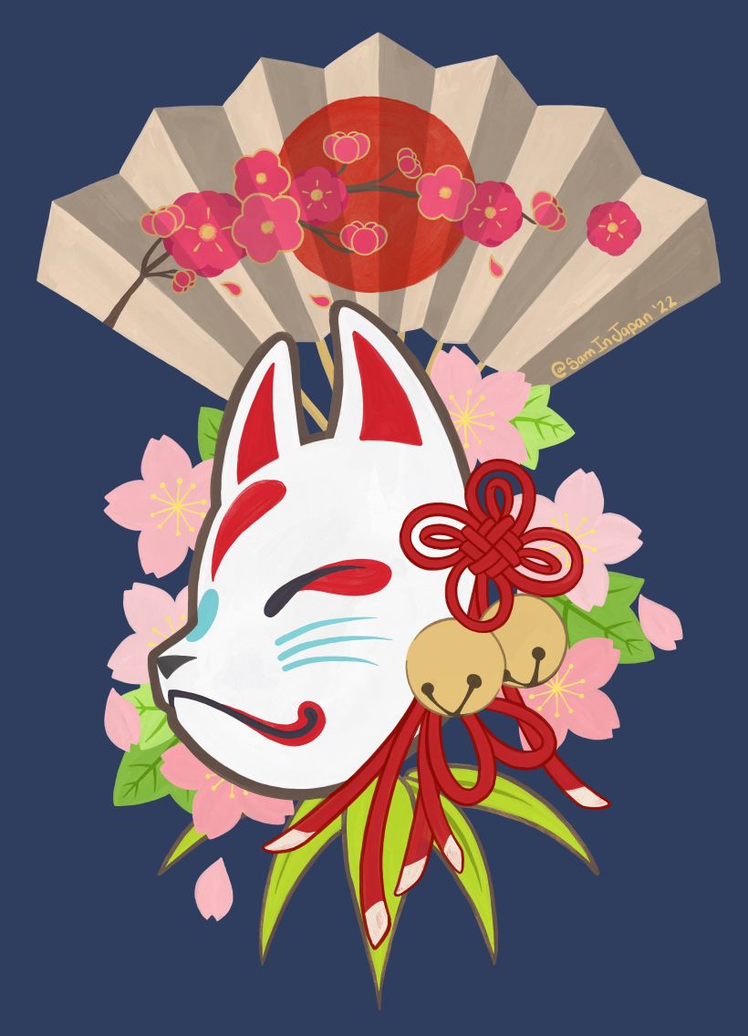 Gouache style kitsune (fox) mask