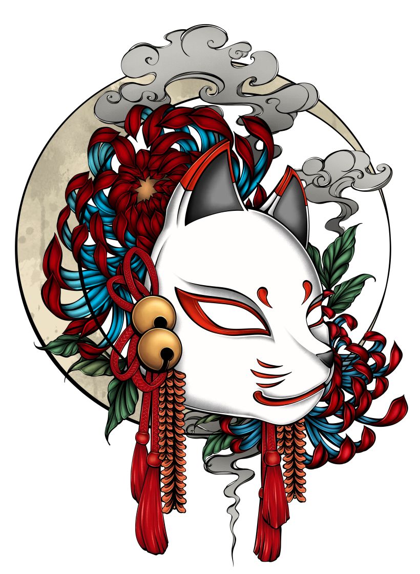 Japanese tattoo style kitsune mask with chrysanthemums 