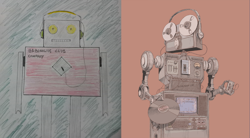 Boceto del robot del cliente a la izquierda y boceto presentado a la derecha para aprobación antes del color.