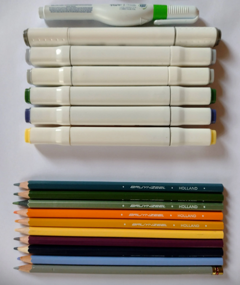 Materiales. Utilización de técnica mixta consistente en una base aplicada con lápices de colores y posteriormente plumones. 