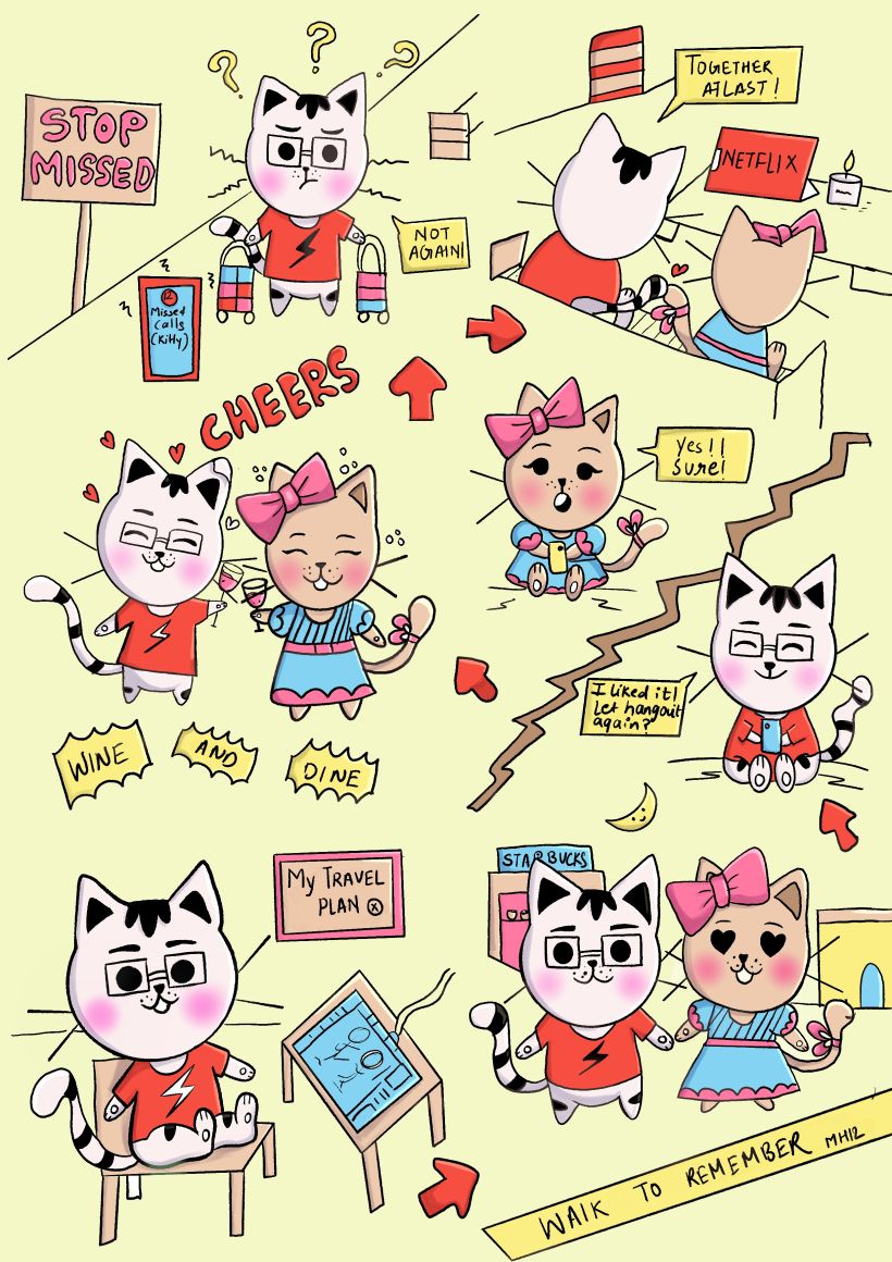 Illustrated me and my boyfriend as kawaii cats and drew our story. 1