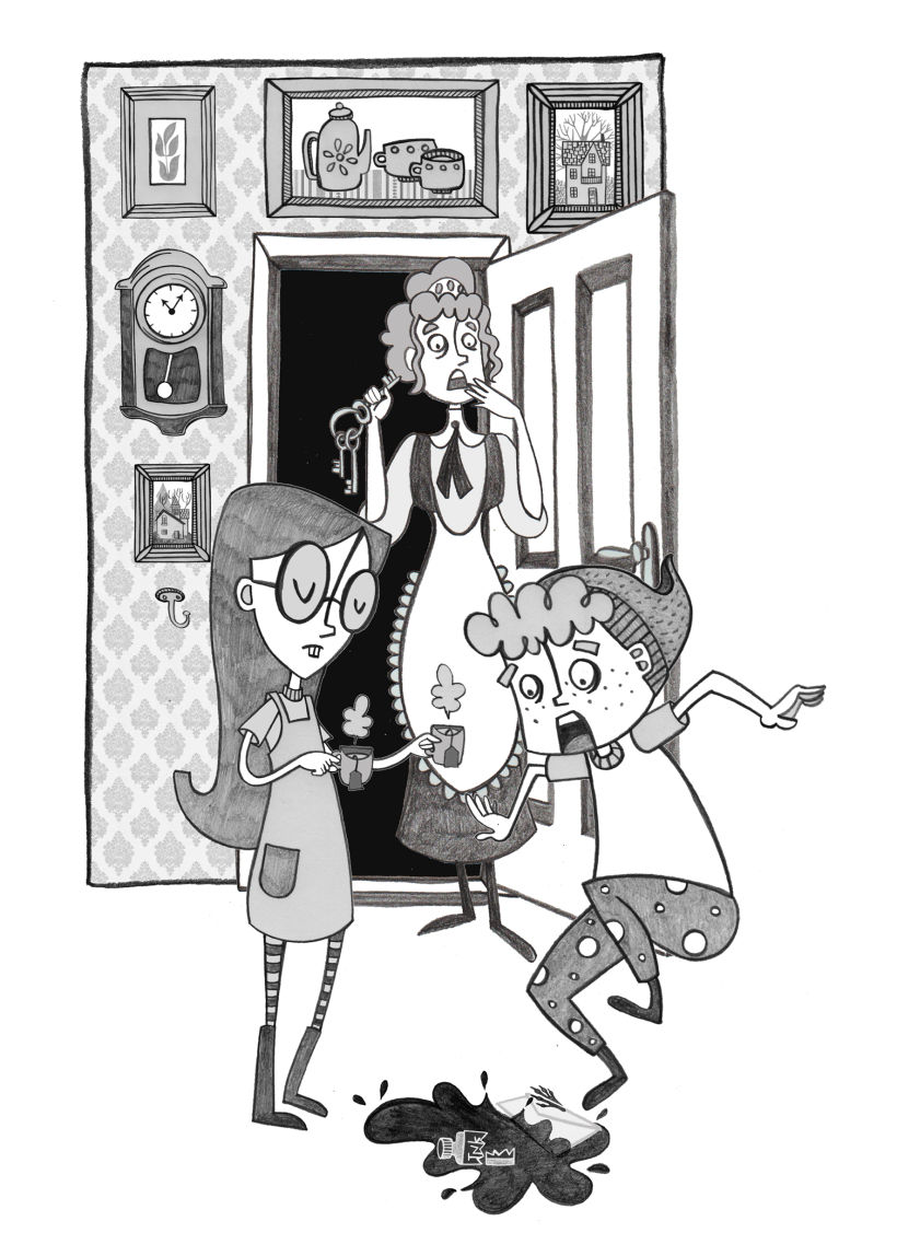 "Los misterios de Katbury. Una habitación llena de fantasmas" Ilustración interior de página completa.