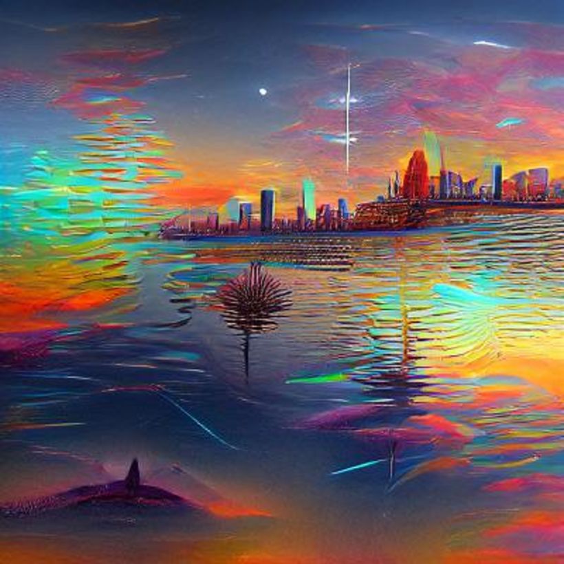 Erstellung eines Bildes mit der Anweisung "Stadtsilhouette auf dem Wasser in der Abenddämmerung", erstellt in NightCafe. 