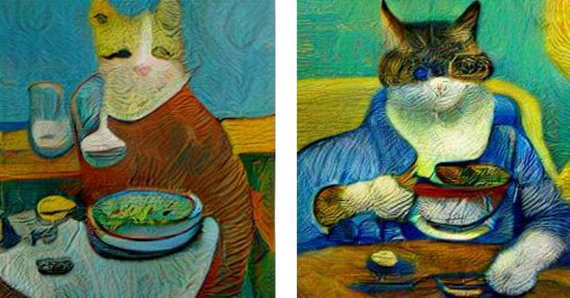 Bild generiert aus Text mit der Anweisung "Katzen essen Suppe im Stil von Van Gogh" in Craiyon. 