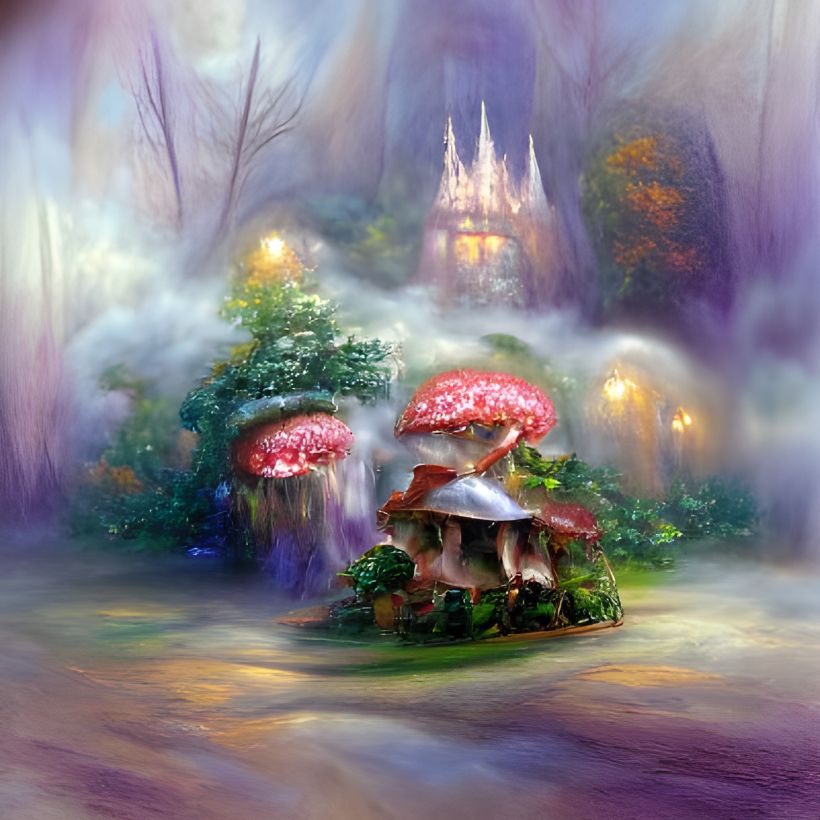Bild generiert aus einem Text mit der Anweisung "Ein Pilzhaus in einem Feenwald" in NightCafe. 