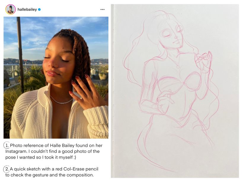 1. Photo reference of Halle Bailey found on her Instagram 2. A quick sketch with Col-Erase red pencil.