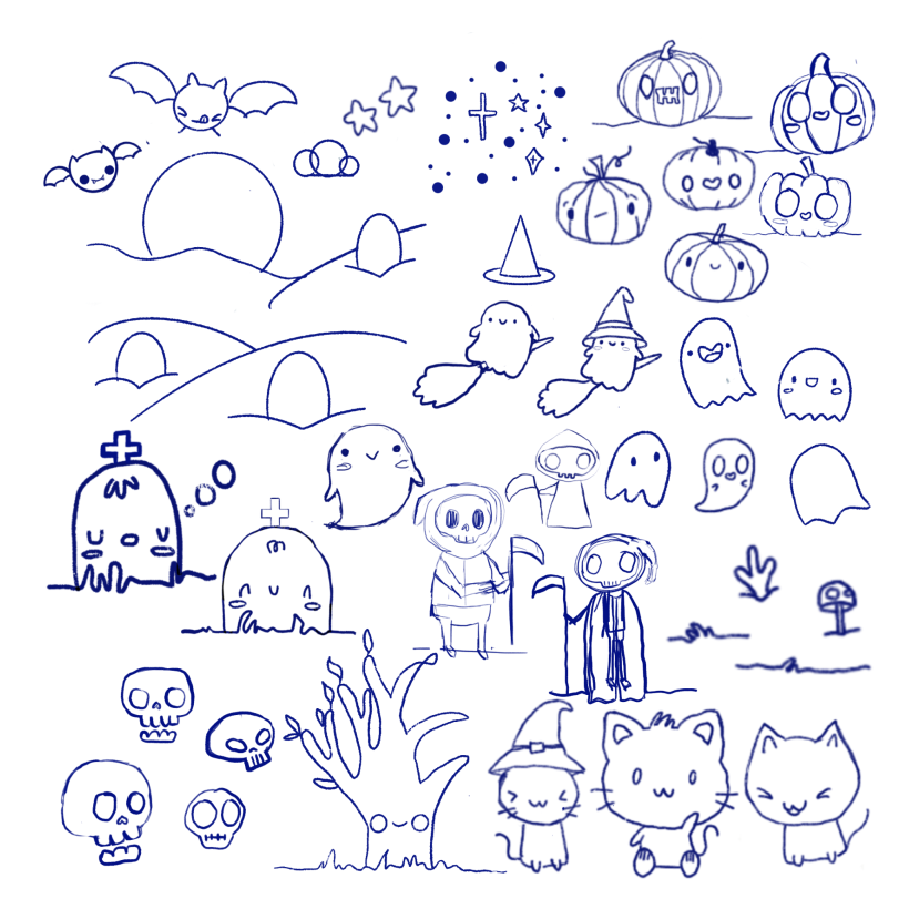 I decided on a Halloween theme for my project and sketched out elements I might include in my "world."