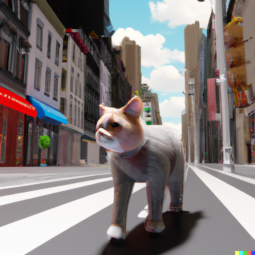 “A 3d render of a cat walking in the fifth avenue”