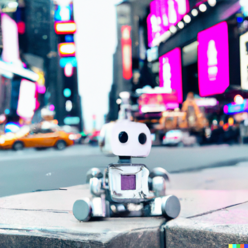 “Picture of a toy robot sitting in time square”