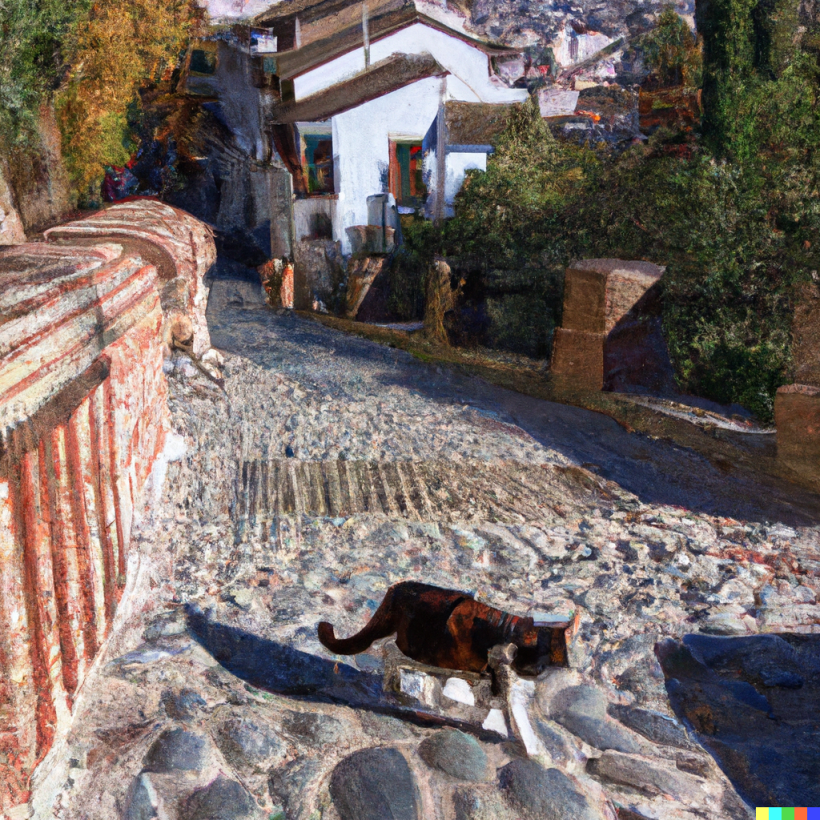 “A super realistic paint of a cat walking in Granada, Spain”