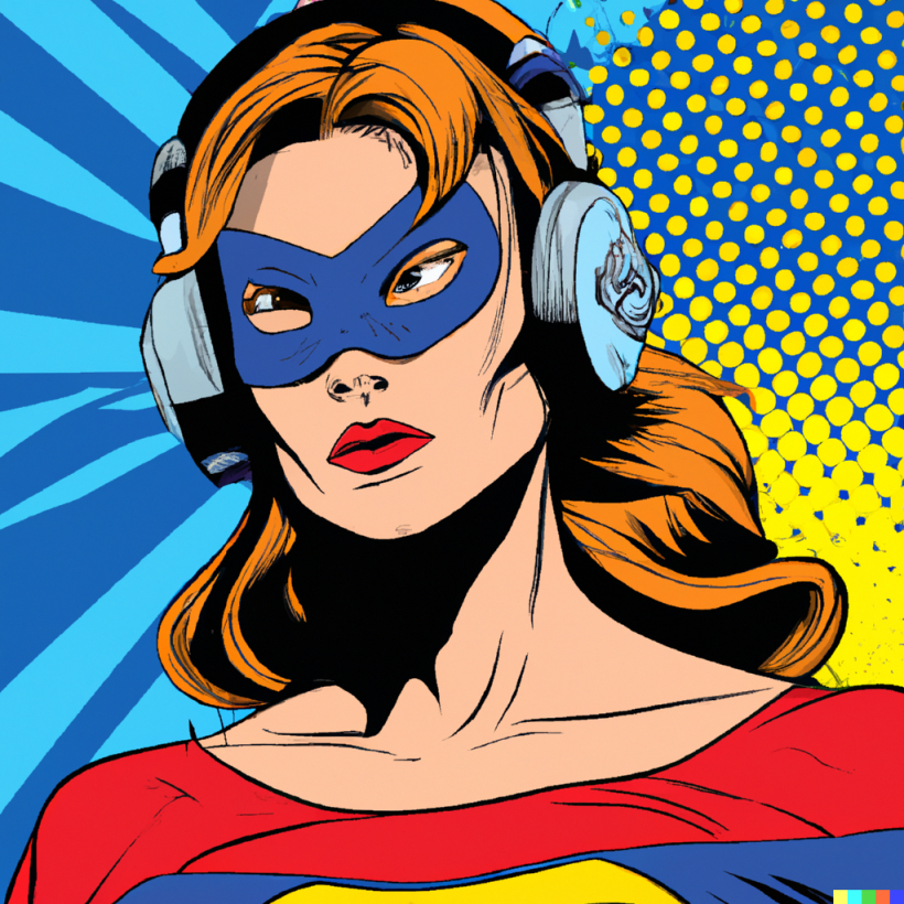 “A comic book cover of a superhero woman wearing headphones”