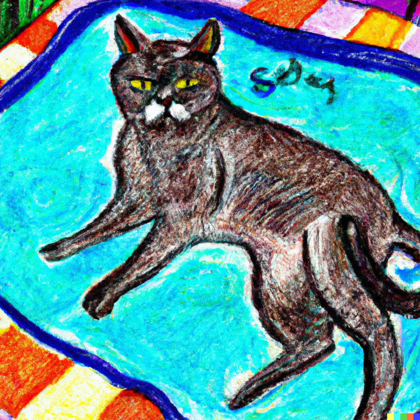 “An oil pastel drawing of an annoyed cat in a swimming pool”