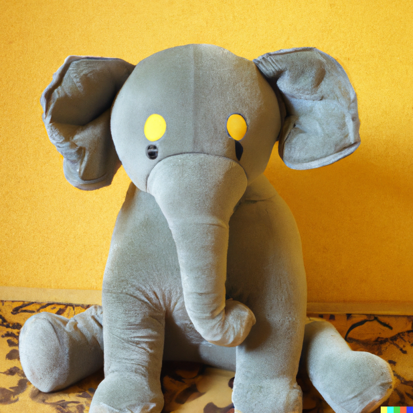 “A plush toy elephant sitting against a yellow wall”