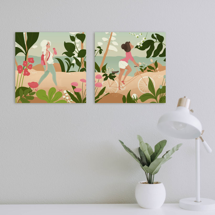 Bonitas ilustraciones enmarcadas de chicas practicando deporte al aire libre | Impresión en cartón pluma | Arte femenino 4