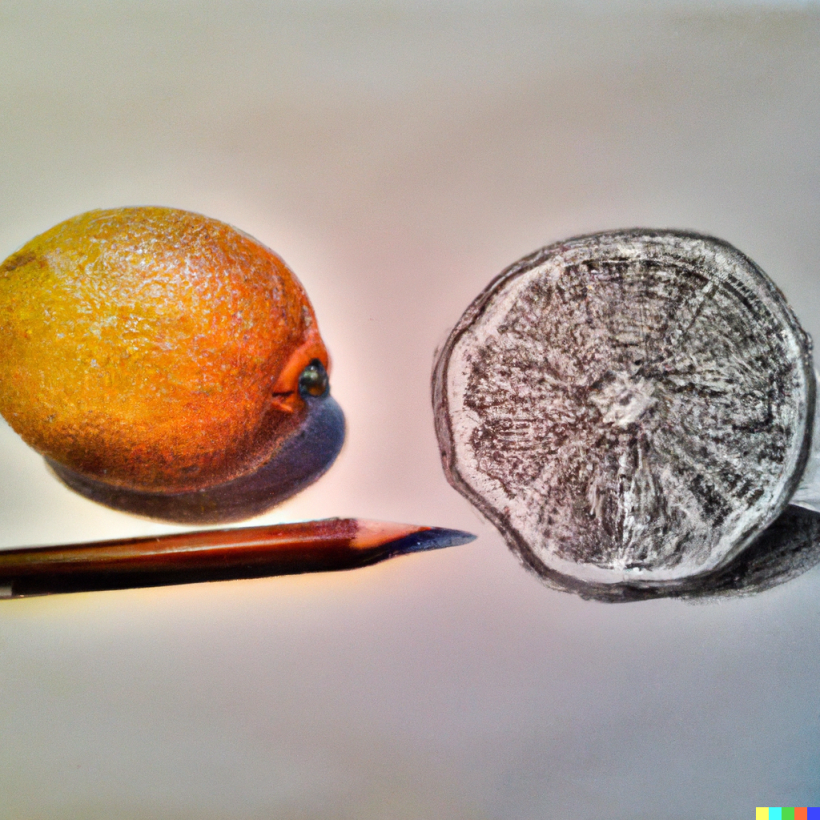 Dibujo realista a lápiz de un a naranja y un limon I