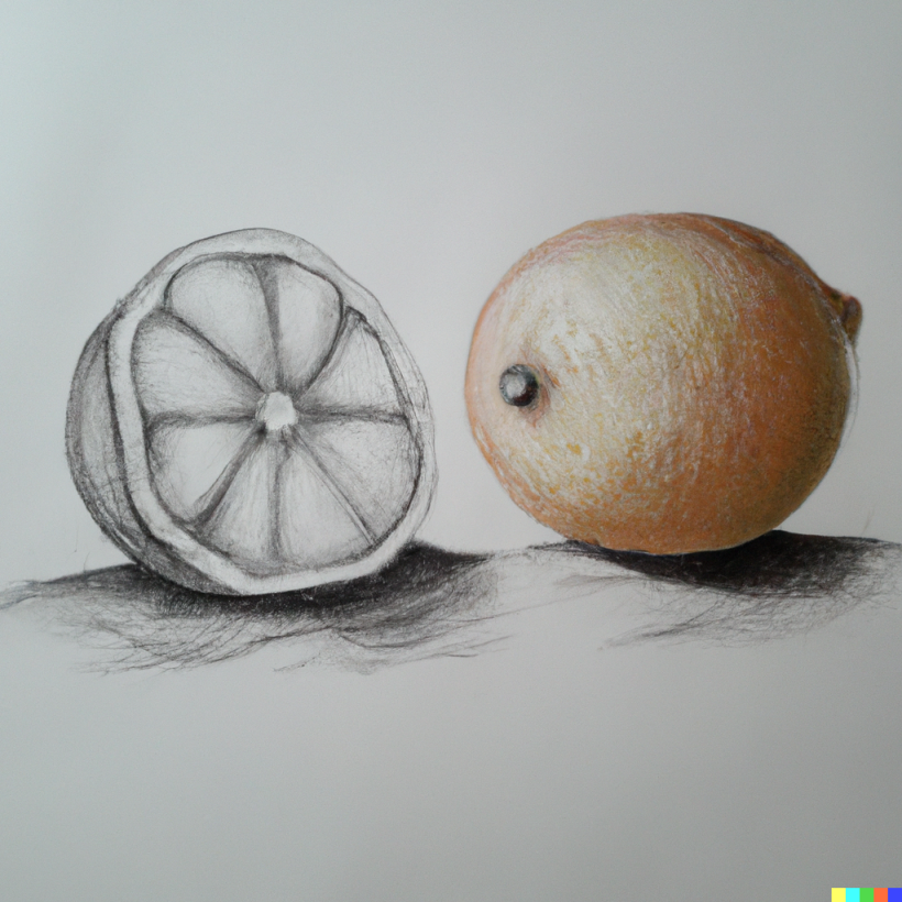 Dibujo realista a lápiz de un a naranja y un limon II