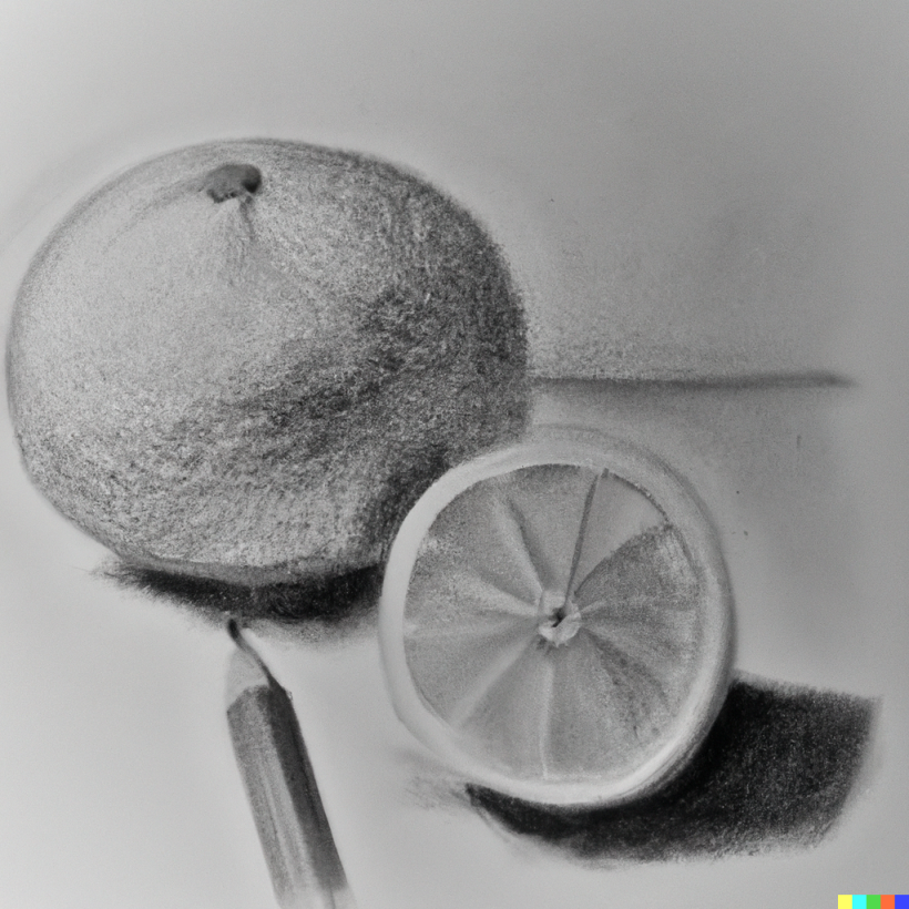 Dibujo realista a lápiz de un a naranja y un limon III