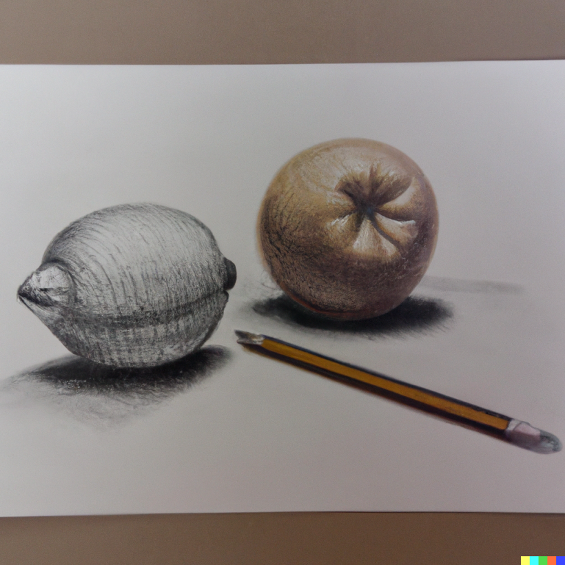 Dibujo realista a lápiz de un a naranja y un limon IV