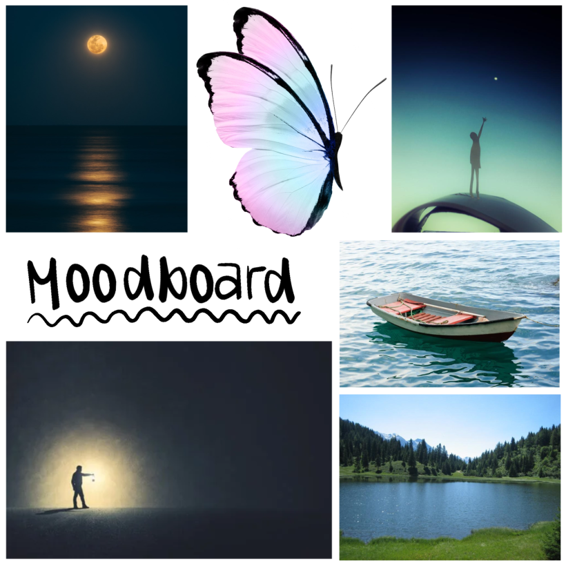 Te presento mi moodboard! En él puse imágenes que me ayudaran a transmitir tranquilidad, paz y magia.