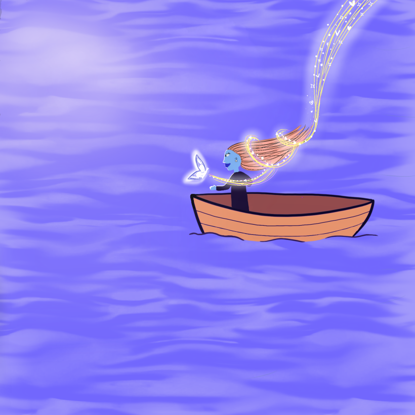 Así me quedó :) Una chica en un velero navegando por un lago a la luz de la luna, acompañada de una mariposa mágica.