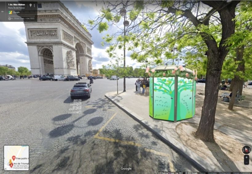 Proposition de kiosque éphémère installé proche des sanitaires de l'Arc du Triomphe