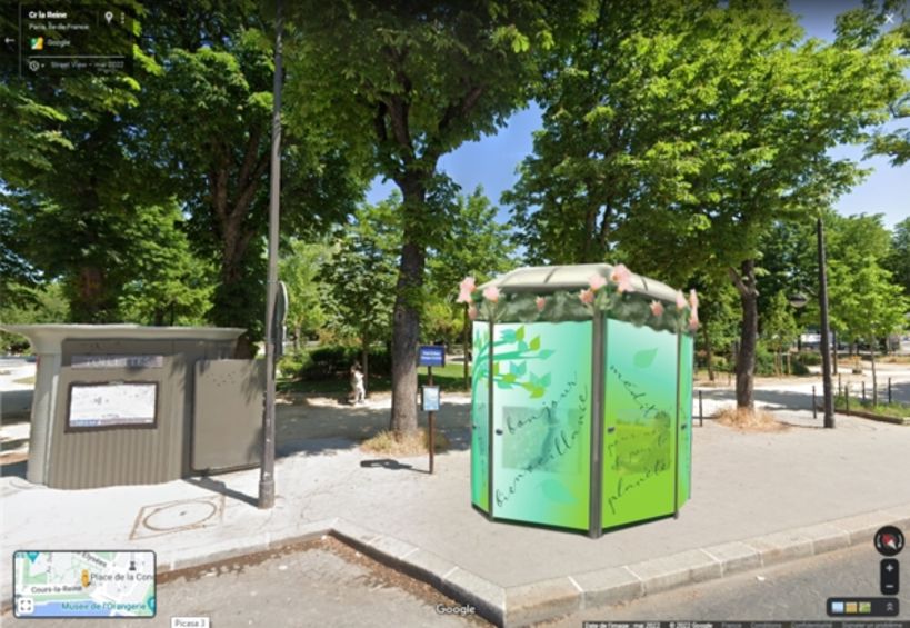 Proposition de kiosque éphémère installé à proximité d'un toilette publique