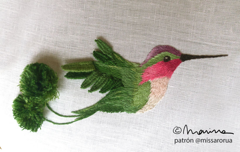 "Hummingbird", interpretación y bordado Mar Cantón. Patrón de Missarorua.