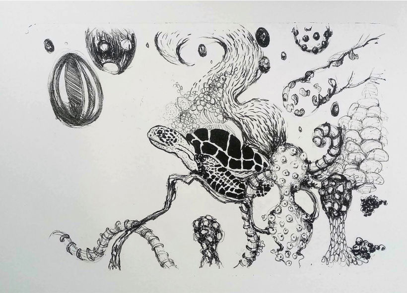 Lithography, print by Karina mosegård 2022, titel: "Under the surface III"