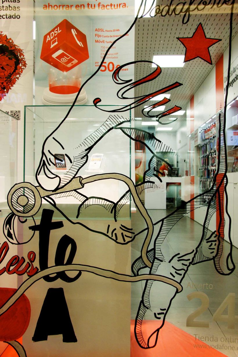 Vodafone Yu: Ilustración y pintura en vivo sobre escaparates, en 4 tiendas durante 4 días. Live illustration and painting on shop windows, in 4 stores for 4 days. Para la agencia CLINICA CREATIVA / Madrid, 2012 7