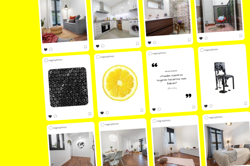Feed real en diferente orden visual: proyecto / frase inspiradora / objeto negro / objeto amarillo