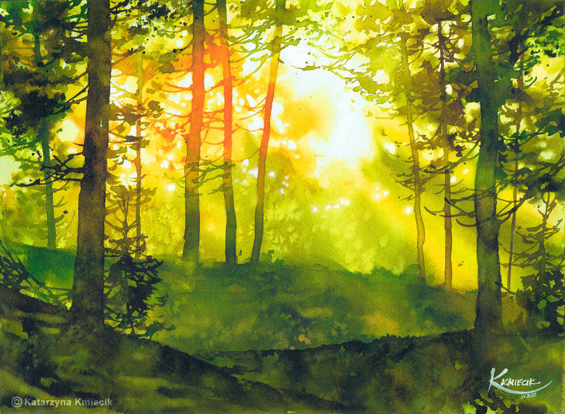 My version of the sunny forest cut by the subtle shafts of light (12x16")