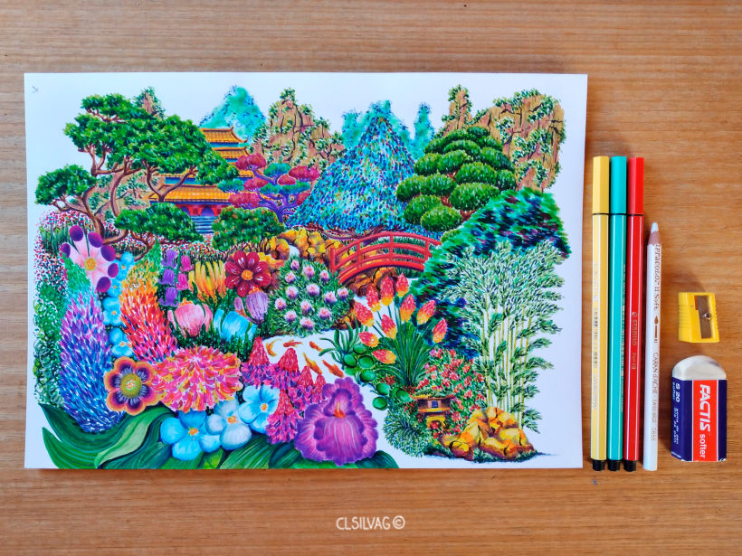 Ilustración coloreada con marcadores/plumones y lápices de colores en papel Bristol