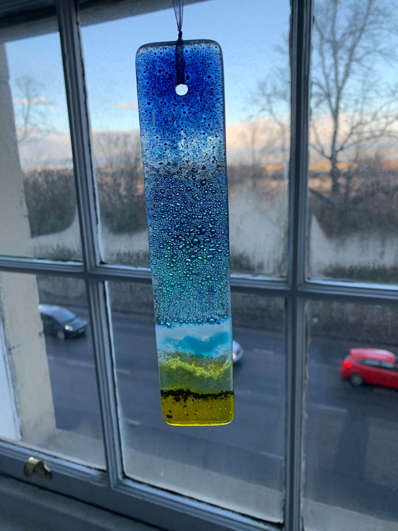 The transition and flow of colour in this fused glass by Jo Downs is glorious