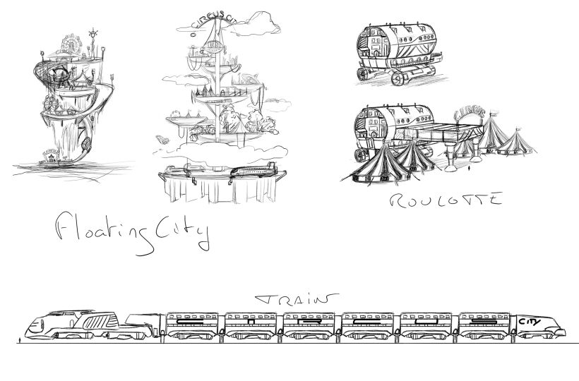 Tren Circo Ciudad: Mi proyecto del curso: Concept art para animación: diseña entornos mágicos 6