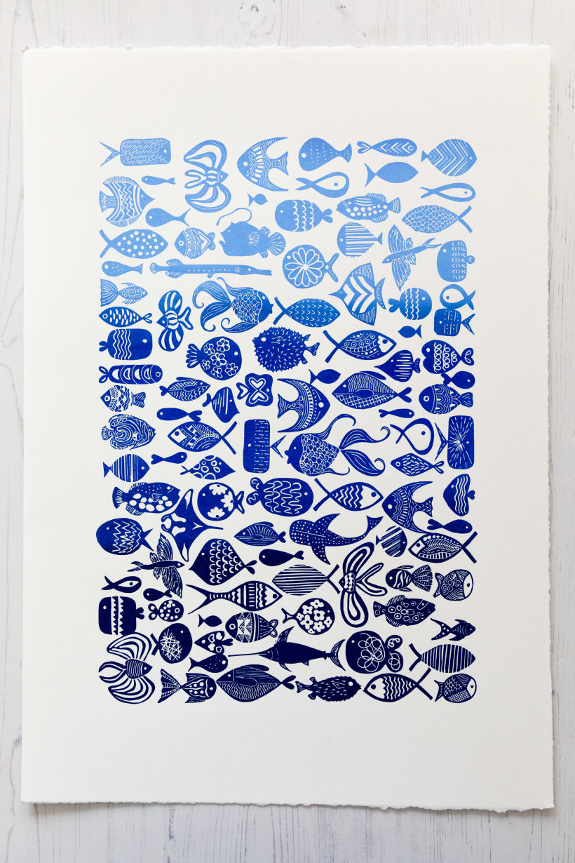 Screenprint of the "105 fishes" block print / Siebdruck des "105 Fische"-Stempeldruck