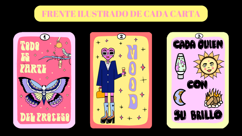 Para el torso decidí hacer algo con colores que compartieran todas las cartas (rosa, amarillo y lila)