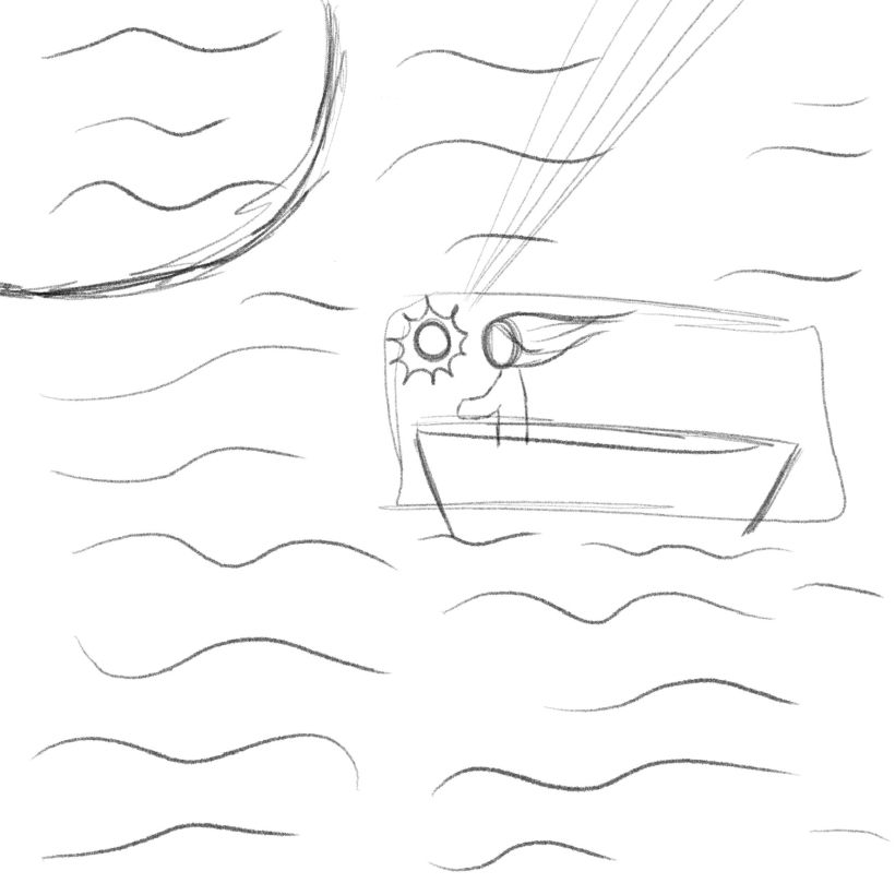 Este es mi boceto, indiqué a grandes rasgos donde quería el peso (el velero y la chica) y también el reflejo de la luna.