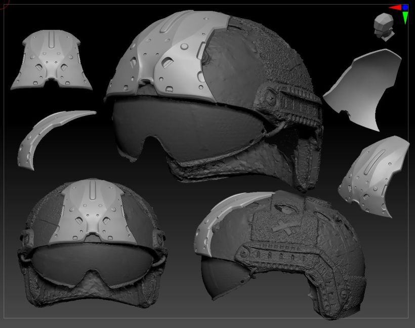 The 3D scan of the airsoft helmet and the first test piece ready for print to see if it fit the helmet profile.