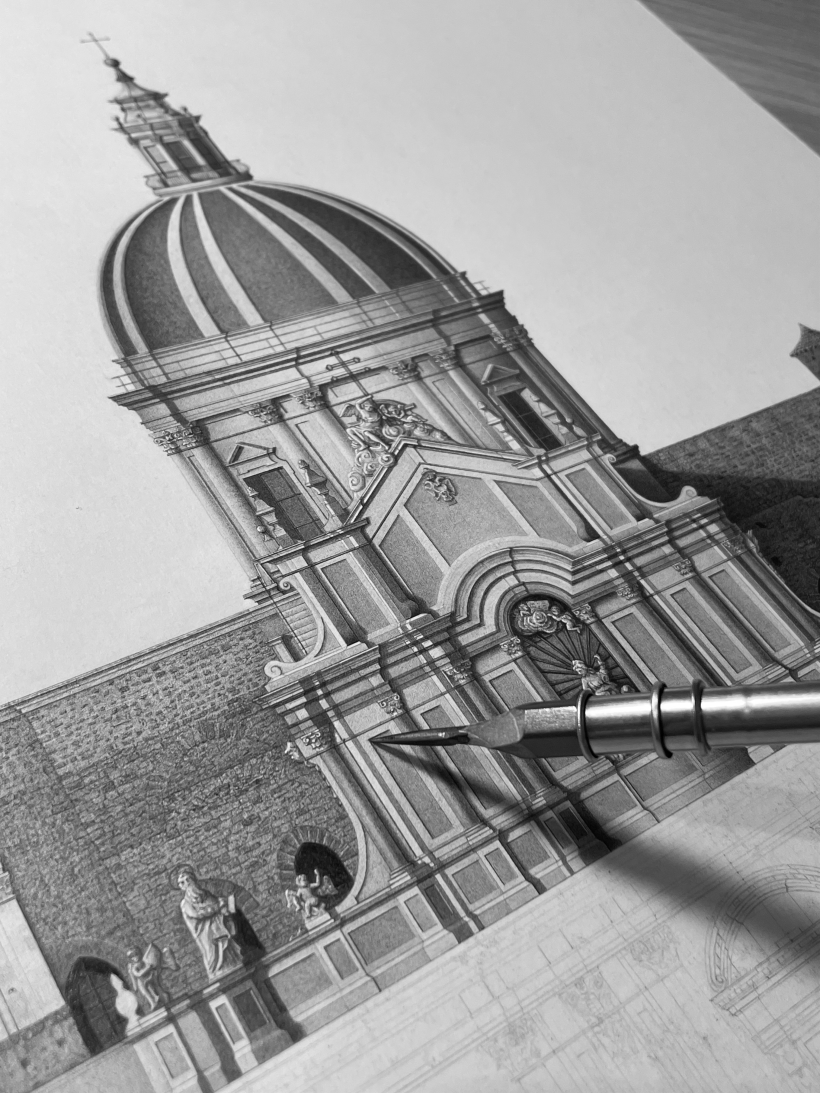 Esecuzione prospetto della Cattedrale di Catania, grafite su carta, 2023
