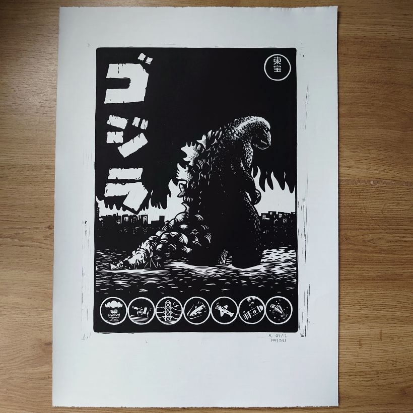 Relief print based on the original 1954 Godzilla movie. The carved block measures approximately 28cm x 42.5cm.
