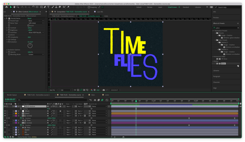 Working in After Effects, making al the movements and exploring effects of the After Effects library