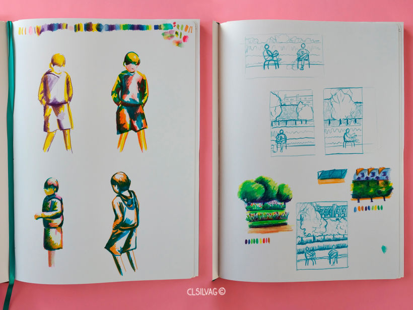 Lado izq.: Interacción de colores, forma humana y poses. - Lado der.: Estudio del proyecto.