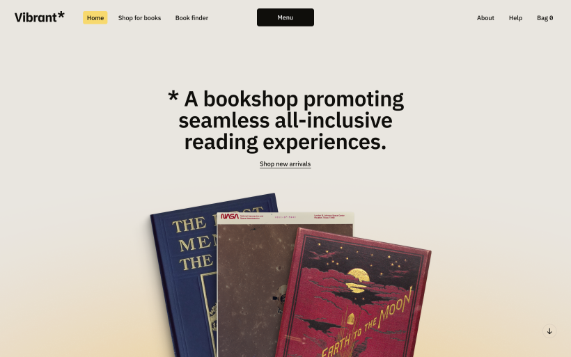 Part of my Homepage design for the imaginary bookshop Vibrant.